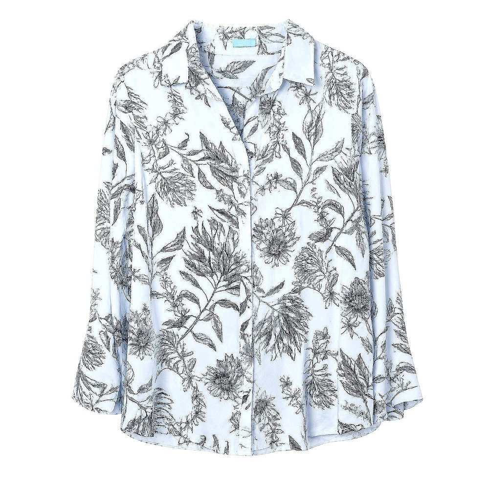 J. McLaughlin 100% Cotton‎ Light Blue Floral Button Down Shirt Blouse Size Large